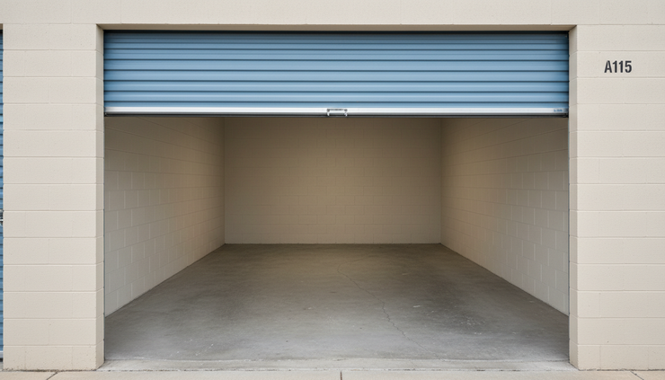Close-up view of an unlocked self-storage roll-up door with an empty 10x10 unit inside.