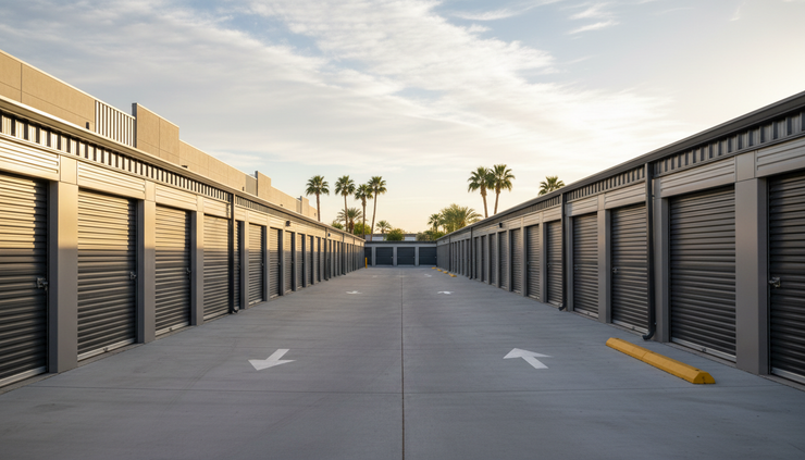 Wide-angle view of self-storage drive aisles with closed unit doors in even rows.