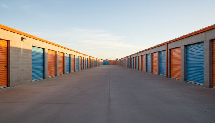 Wide-angle view of rows of storage unit doors under afternoon light.