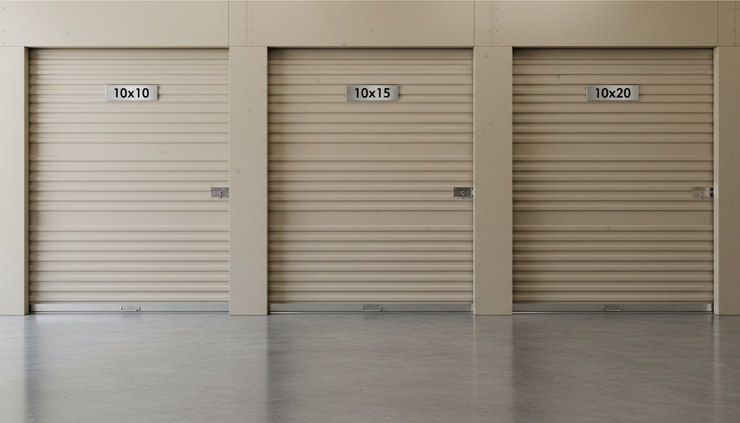 Close-up view of three self-storage unit number plates showing different unit sizes on roll-up doors.