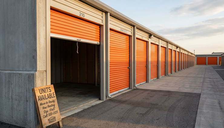 Eye-level view of several self-storage unit doors with one open door and a small rental sign beside it.