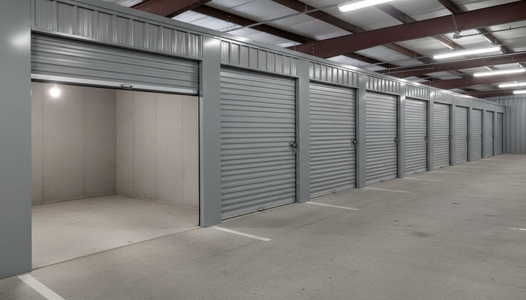 Eye-level view of a row of storage unit doors with one door open and several closed.