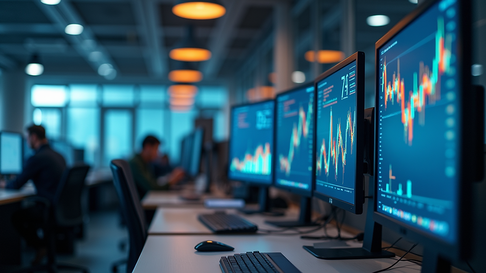 Eye-level view of a modern office with multiple screens displaying data charts