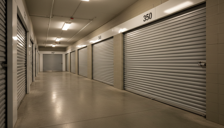 Close-up view of numbered self-storage doors with different unit sizes along one hallway.