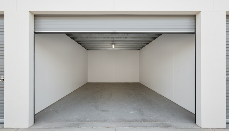 Eye-level view of an empty 10x10 storage unit with a clean concrete floor.