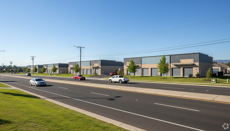 Wide-angle view of several self-storage buildings along a suburban road.