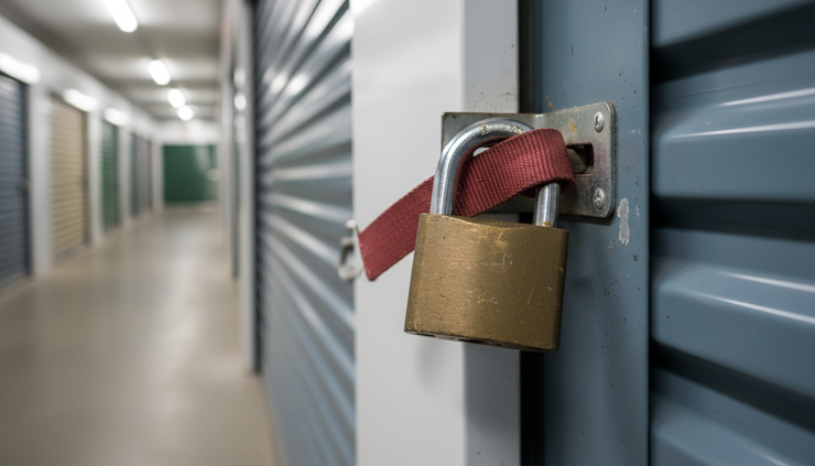 Close-up view of a lock on a self-storage unit door with adjacent unit doors blurred behind it.