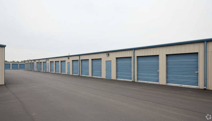 Eye-level view of different sized self-storage doors in the same row.