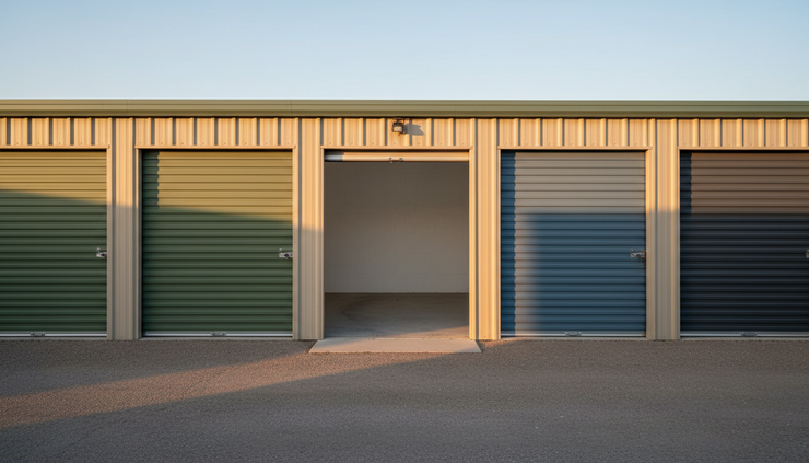 Eye-level view of a row of storage unit doors with one door partly open