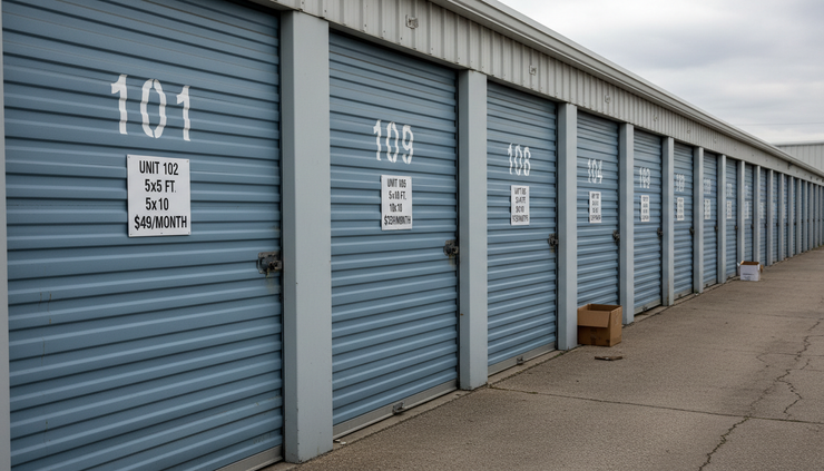 Close-up view of numbered self-storage unit doors along a narrow lane