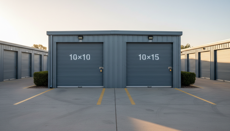 Wide-angle view of two adjacent self-storage unit doors in a clean drive-up aisle.