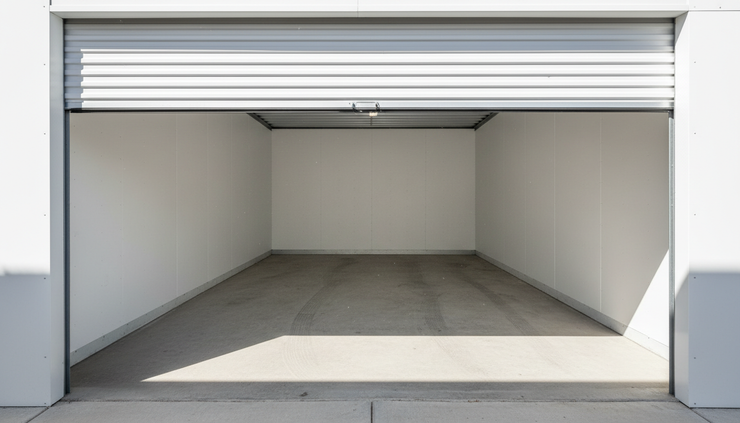Eye-level view of an empty 10x10 storage unit with the door open and sunlight on the concrete floor.