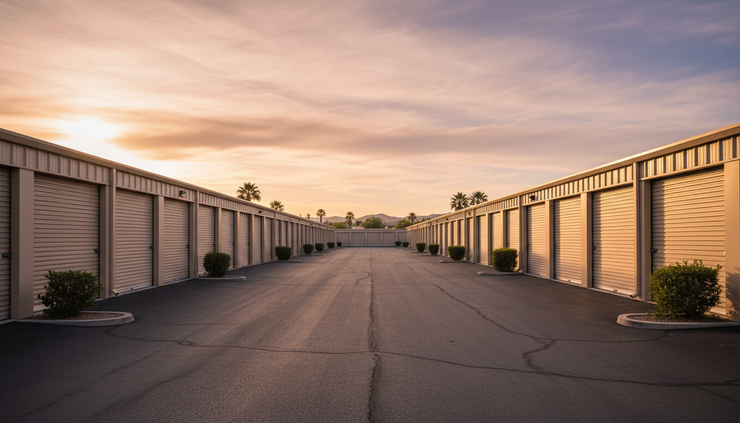 Wide-angle view of empty self-storage drive-up doors at sunset.