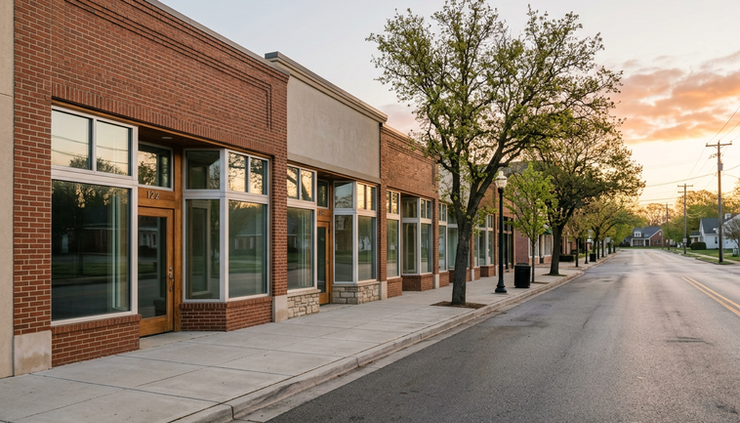 Wide-angle view of several unbranded storefronts on a quiet street at sunrise.