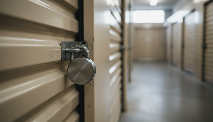 Close-up view of a storage unit lock on a roll-up door.