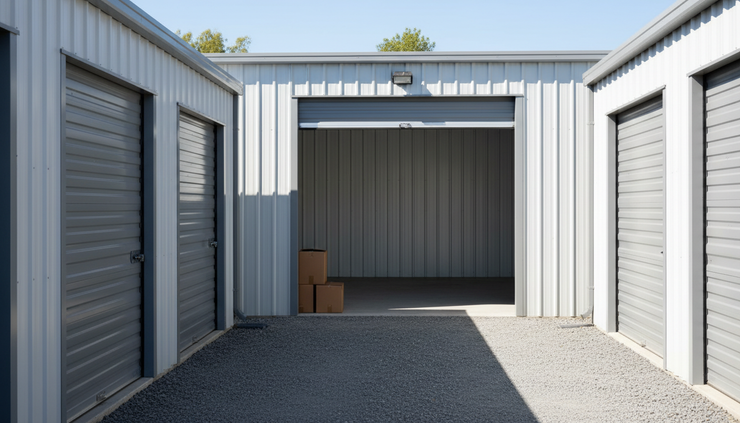 Ground-level view of storage unit doors with one open unit ready for move-in.