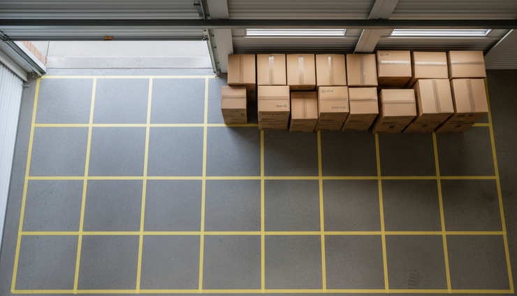 Overhead view of a storage unit with household boxes arranged beside a marked floor grid.