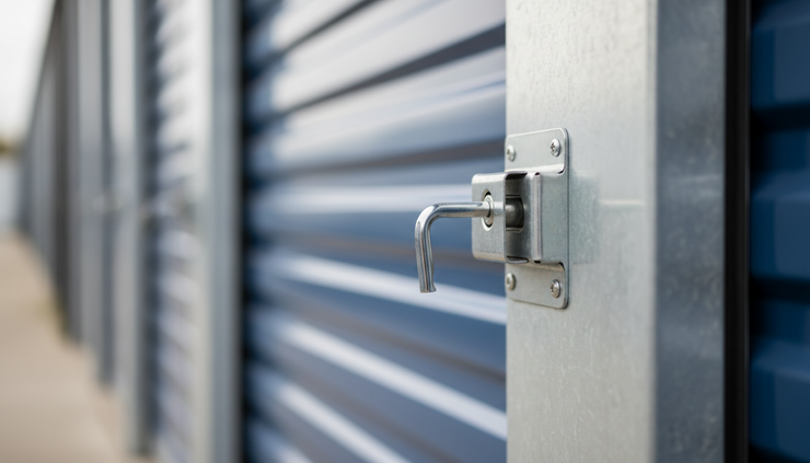 Close-up view of a self-storage unit latch with an empty lock hasp.