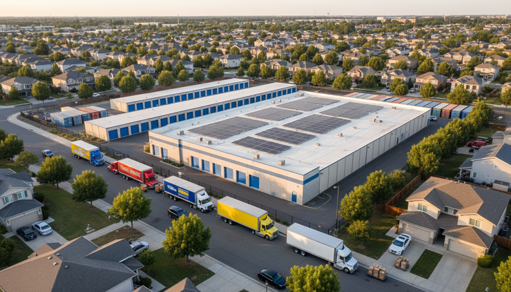 High-angle view of a self-storage property beside residential streets