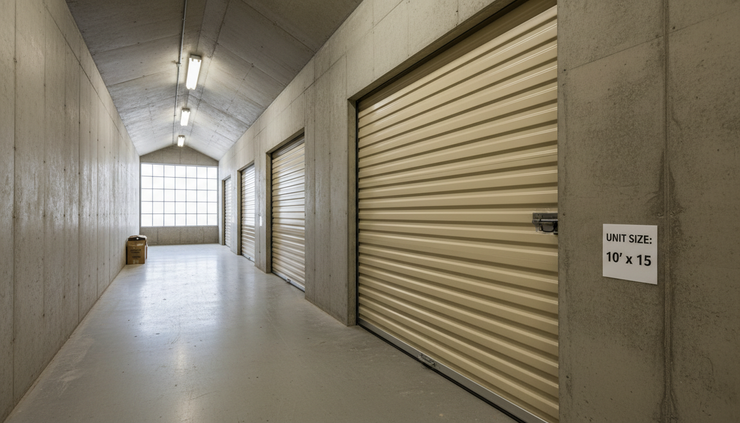 Close-up view of a self-storage roll-up door beside a printed unit size label.