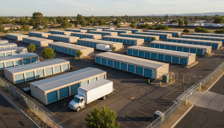 Overhead view of an outdoor self-storage property with rows of drive-up units and parked rental trucks.