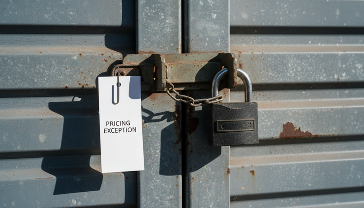Close-up view of a self-storage roll-up door lock with a small paper rate tag nearby