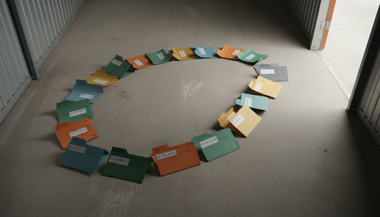Overhead view of colored folders arranged on the concrete floor of a storage unit