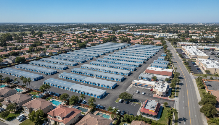 High-angle view of a self-storage property bordered by homes and local roads.