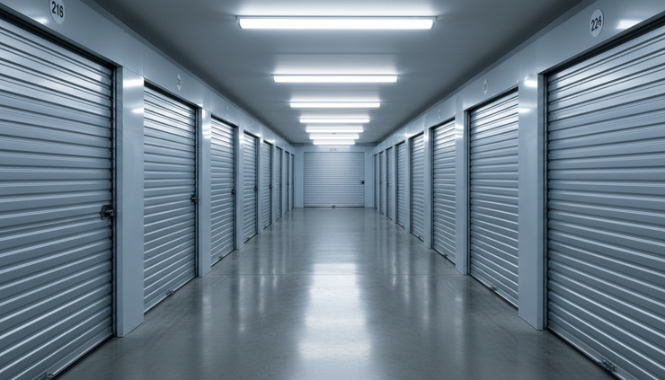 Eye-level view of a climate-controlled self-storage hallway with closed unit doors.