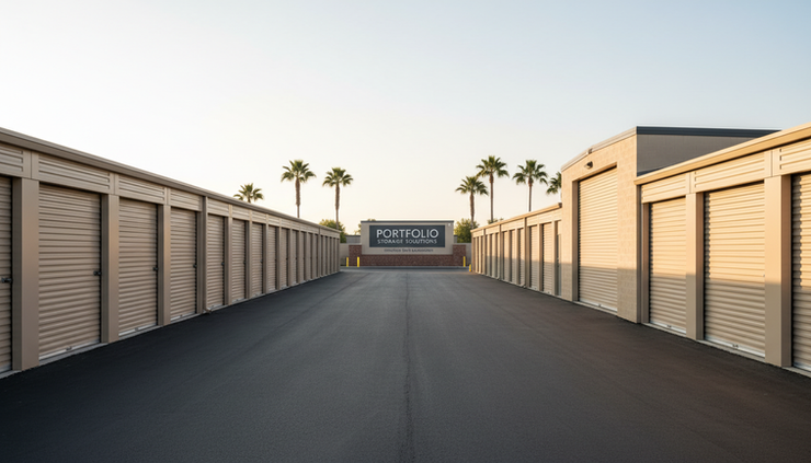 Eye-level view of a self-storage driveway with different unit sizes visible
