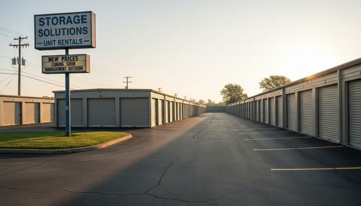 Wide-angle view of a self-storage facility row with several closed unit doors at sunrise.