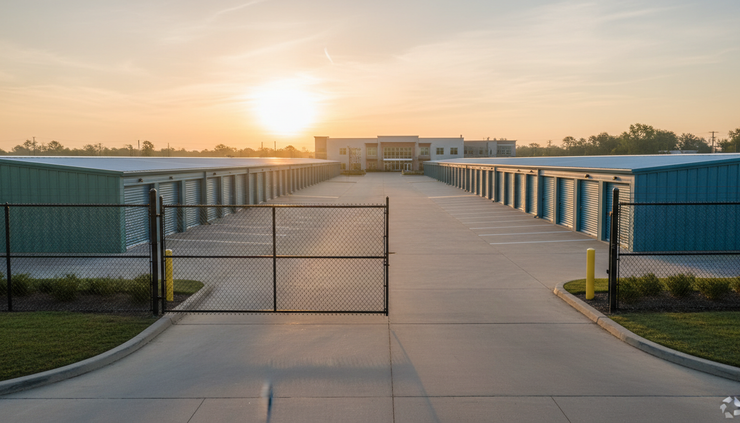 Wide-angle view of rows of self-storage units at sunrise.