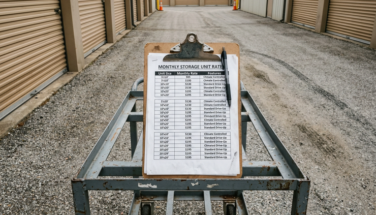 Close-up view of printed rate sheets on a clipboard beside storage unit doors