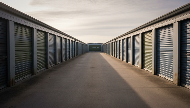 Wide-angle view of a quiet self-storage corridor with closed roll-up doors.