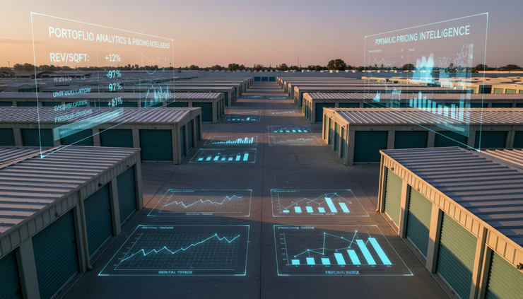 High-angle view of a self-storage facility with multiple rows and a few open drive aisles