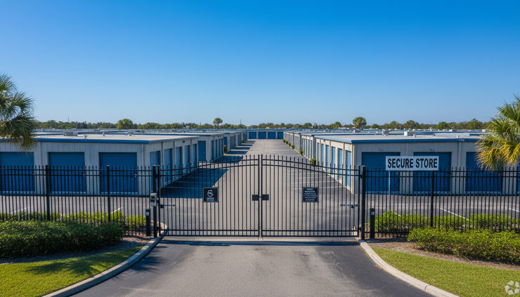 High-angle view of a self-storage property entrance with rows of units behind it.