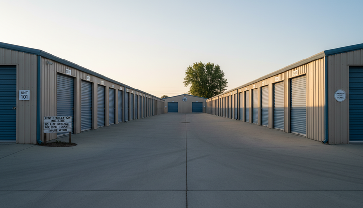 Wide-angle view of a quiet self-storage driveway lined with closed roll-up doors.