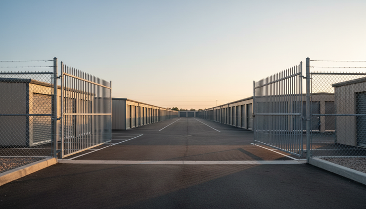 Eye-level view of a self-storage gate with drive-up units visible beyond it.