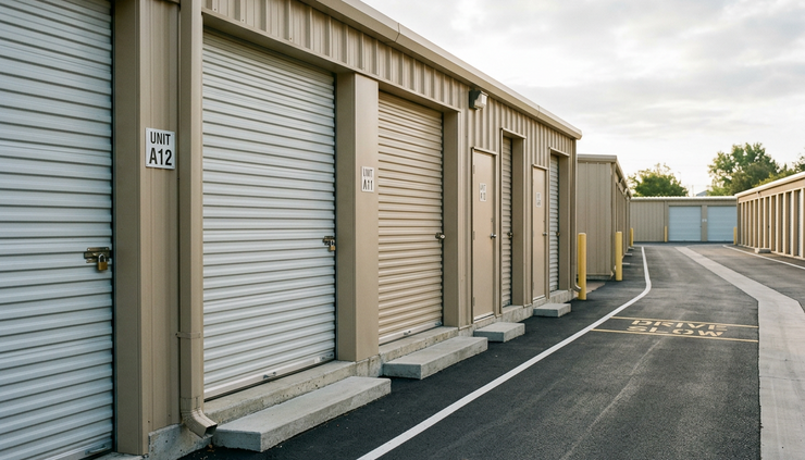 Eye-level view of several self-storage doors in different sizes along one drive aisle.