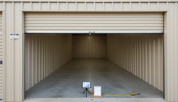 Ground-level view of an empty storage unit with the door open