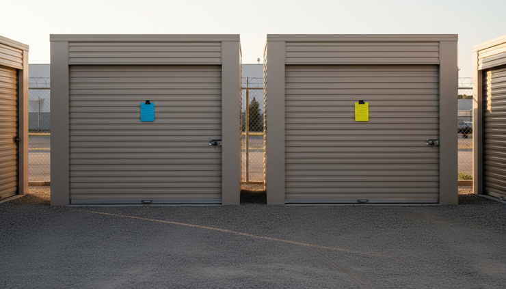 Eye-level view of two adjacent self-storage doors with different colored rental notice cards attached.