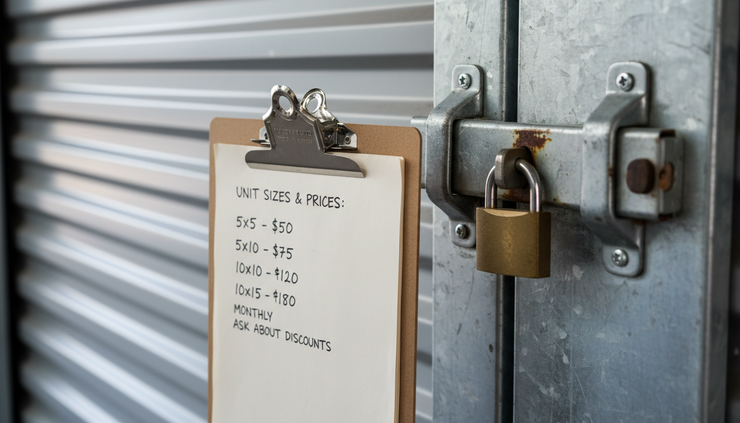 Close-up view of handwritten rate notes clipped to a metal storage unit latch