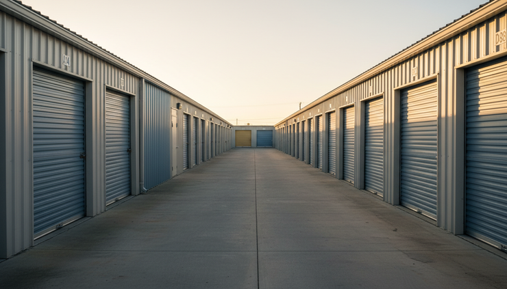Eye-level view of a row of different-sized storage unit doors.
