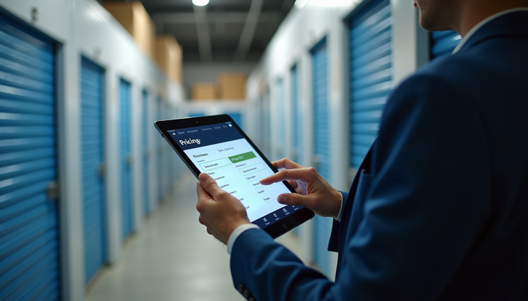 High angle view of a self-storage operator reviewing AI-generated pricing recommendations on a tablet