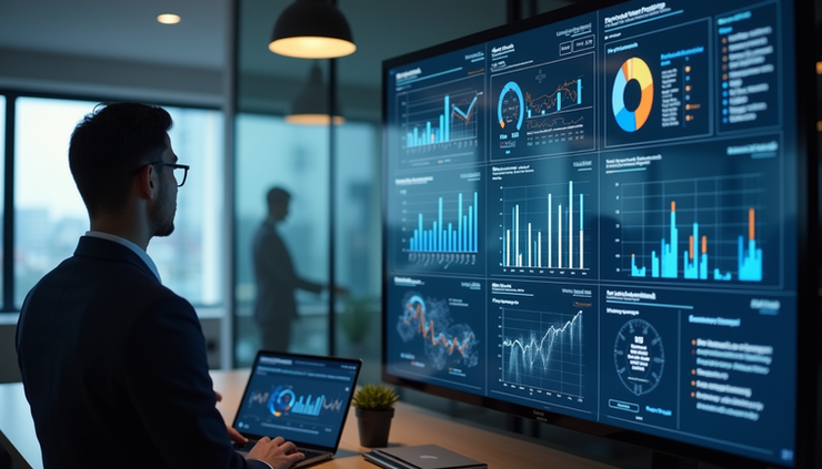 Eye-level view of a business leader reviewing AI dashboards on a large screen
