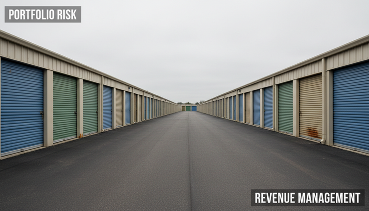 Wide-angle view of rows of self-storage units under overcast skies