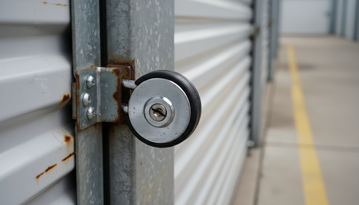 Close-up view of a self-storage unit lock and latch on a roll-up door.