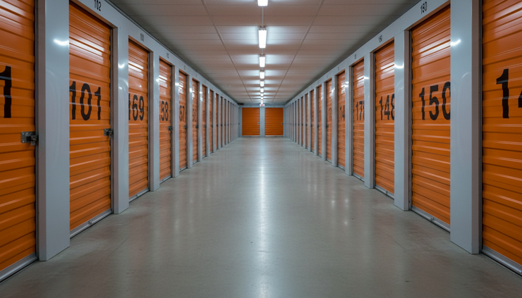 Eye-level view down a long indoor self-storage hallway with numbered unit doors on both sides.