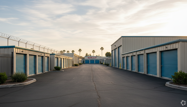 Wide-angle view of exterior self-storage unit rows with varied door sizes.