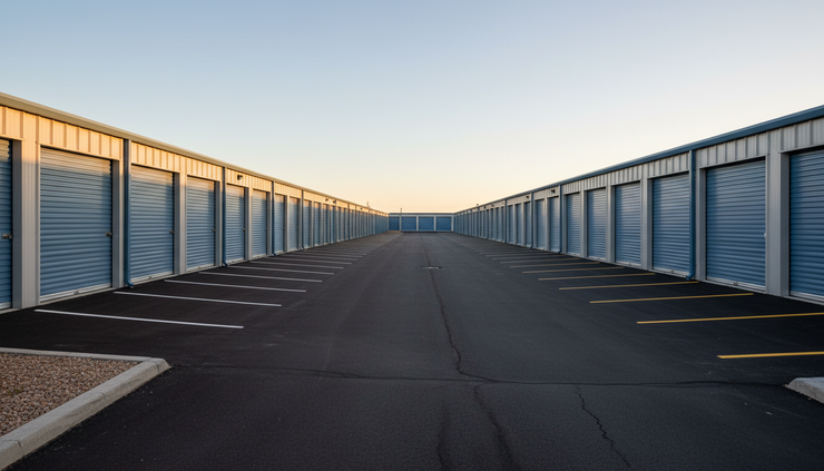Wide-angle view of self-storage rows with closed doors under a clear sky